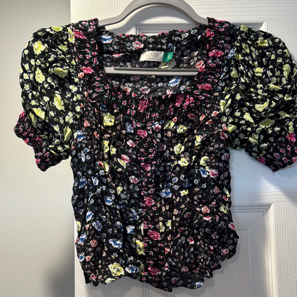 Floral Puff Sleeve Top - Black Multicolor